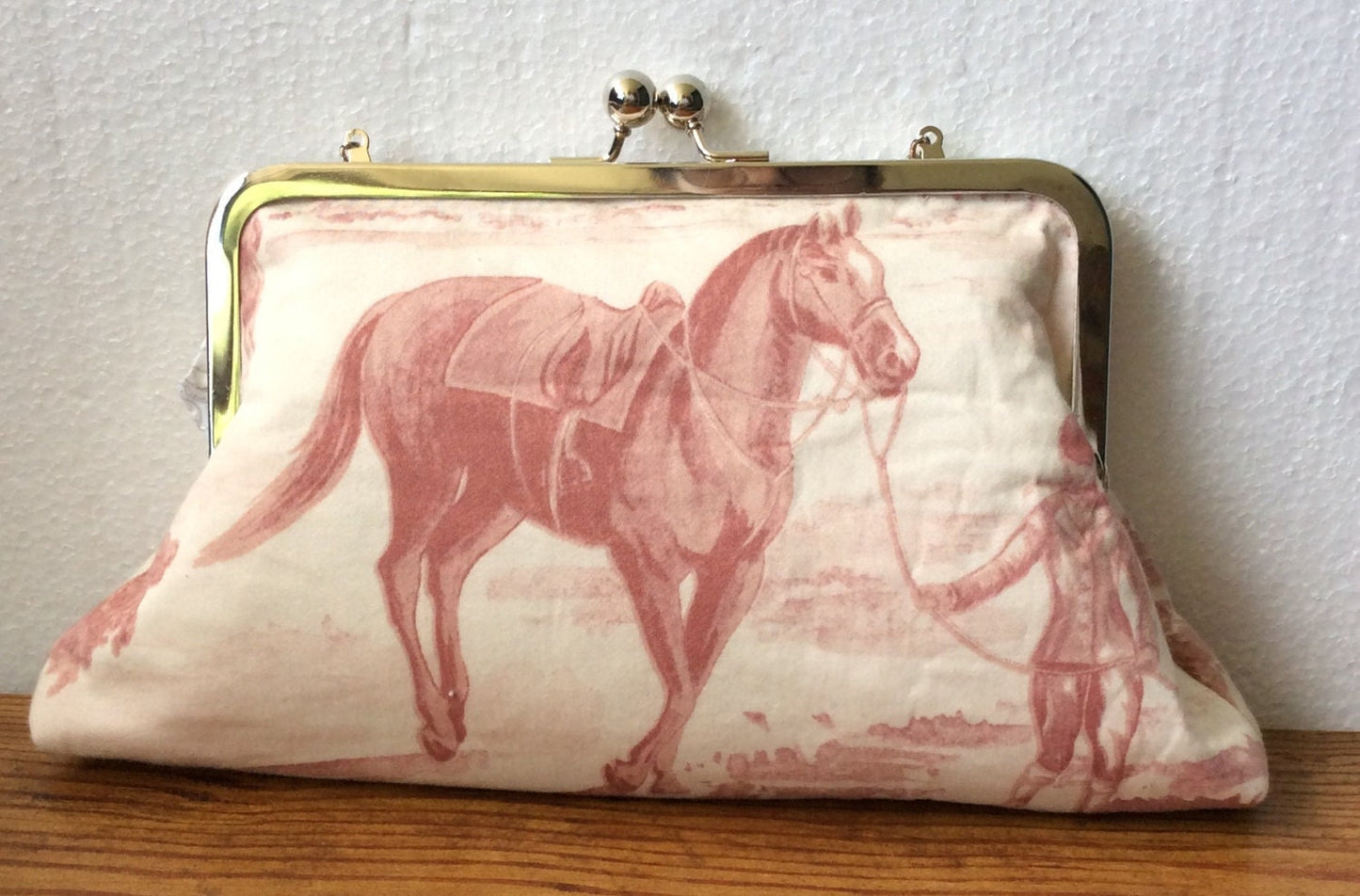 Lauren Horse Purse Pink and Cream Equestrian Horse Fabric Clutch Purse Tote Hunt Ball