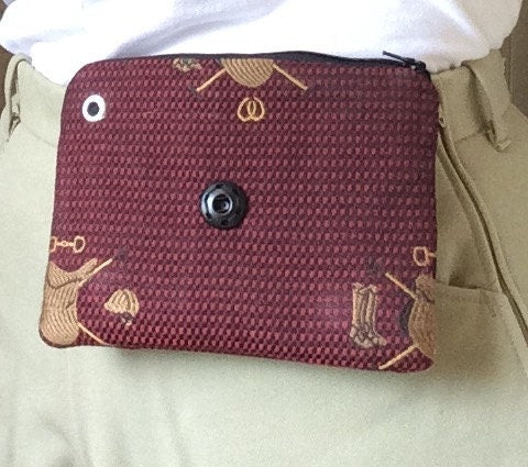 Equestrian Gifts Burgandy with Tan Saddles Equestrian horse Purse "Ride Along Bag" Wristlet Hands Free Belt Bag