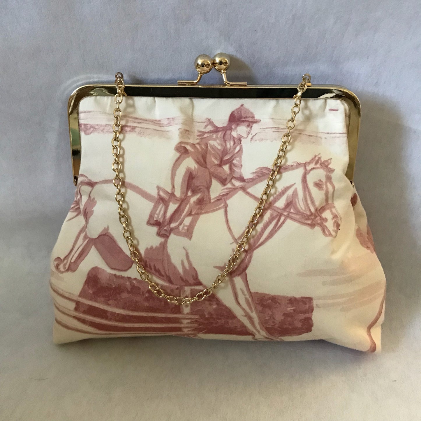 Lauren Horse Purse Pink and Cream Equestrian Horse Fabric Clutch Purse Tote  Hunt Ball