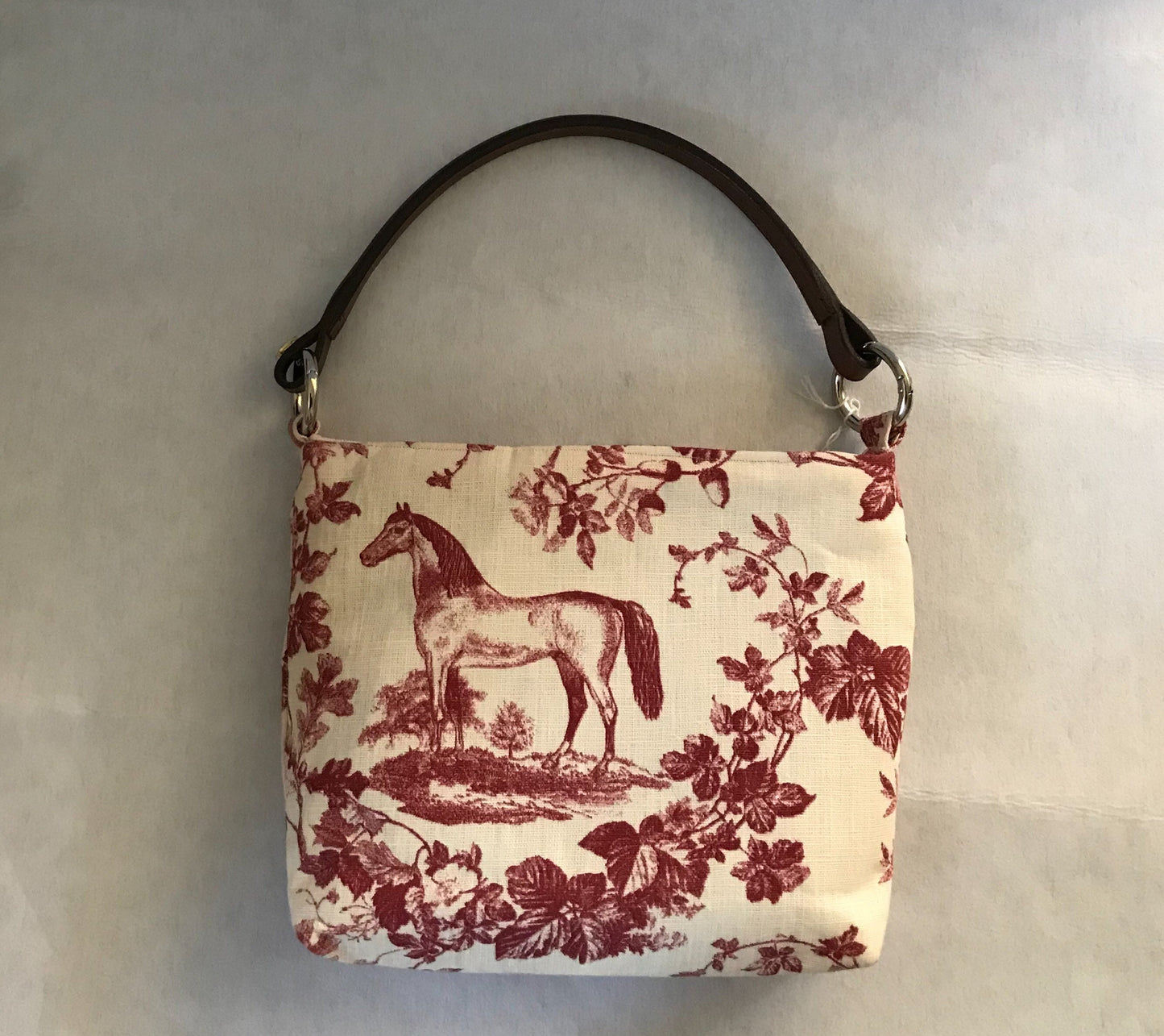 Equestrian Horse Handbag Purse with Bridle Handle Red Linen