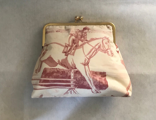 Lauren Horse Purse Pink and Cream Equestrian Horse Fabric Clutch Purse Tote  Hunt Ball