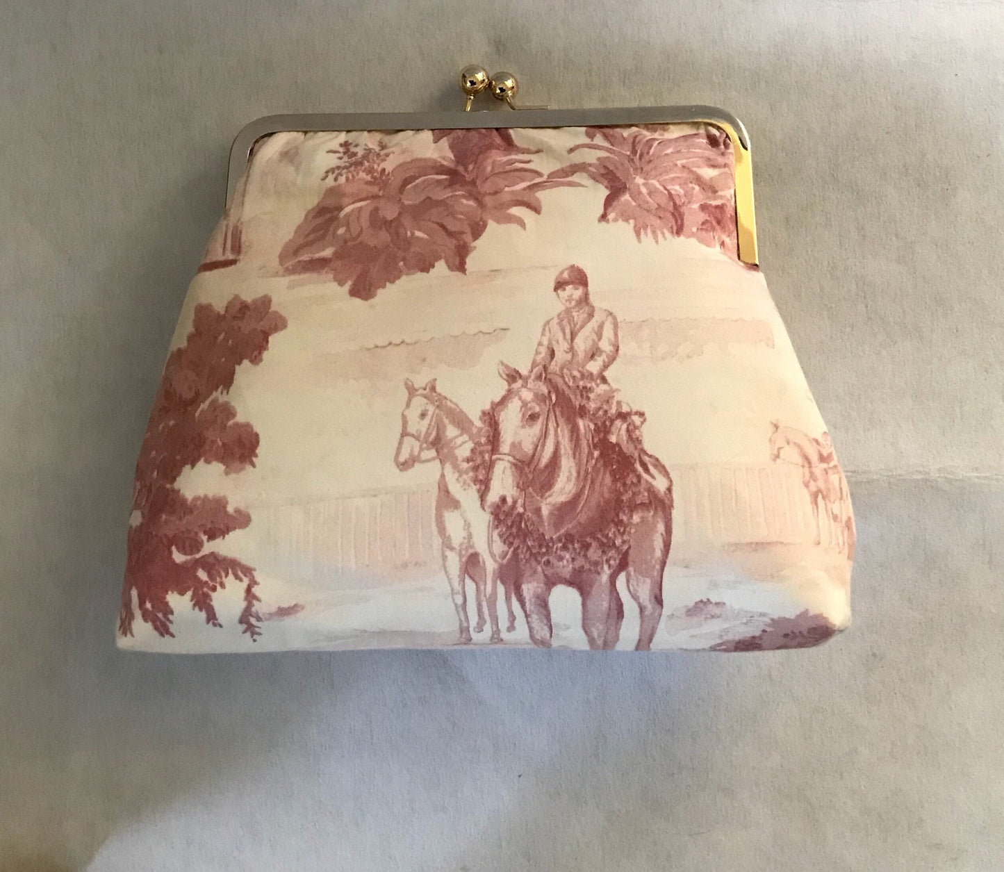 Lauren Horse Purse Pink and Cream Equestrian Horse Fabric Clutch Purse Tote  Hunt Ball