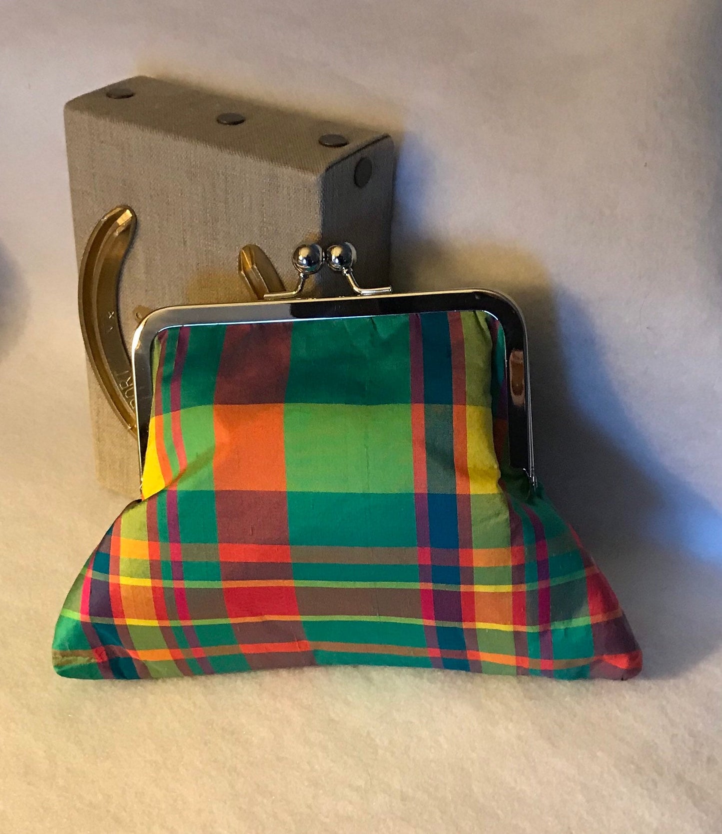 Plaid Purse Handbag Clutch Turquoise Blues  Silk