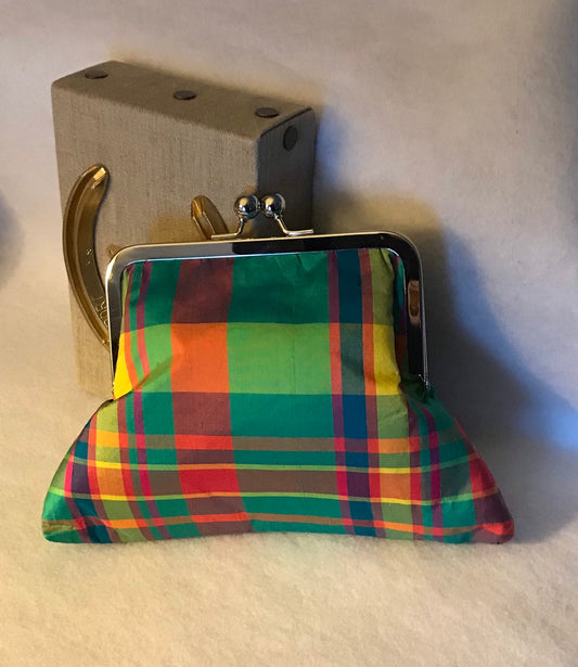 Plaid Purse Handbag Clutch Turquoise Blues  Silk