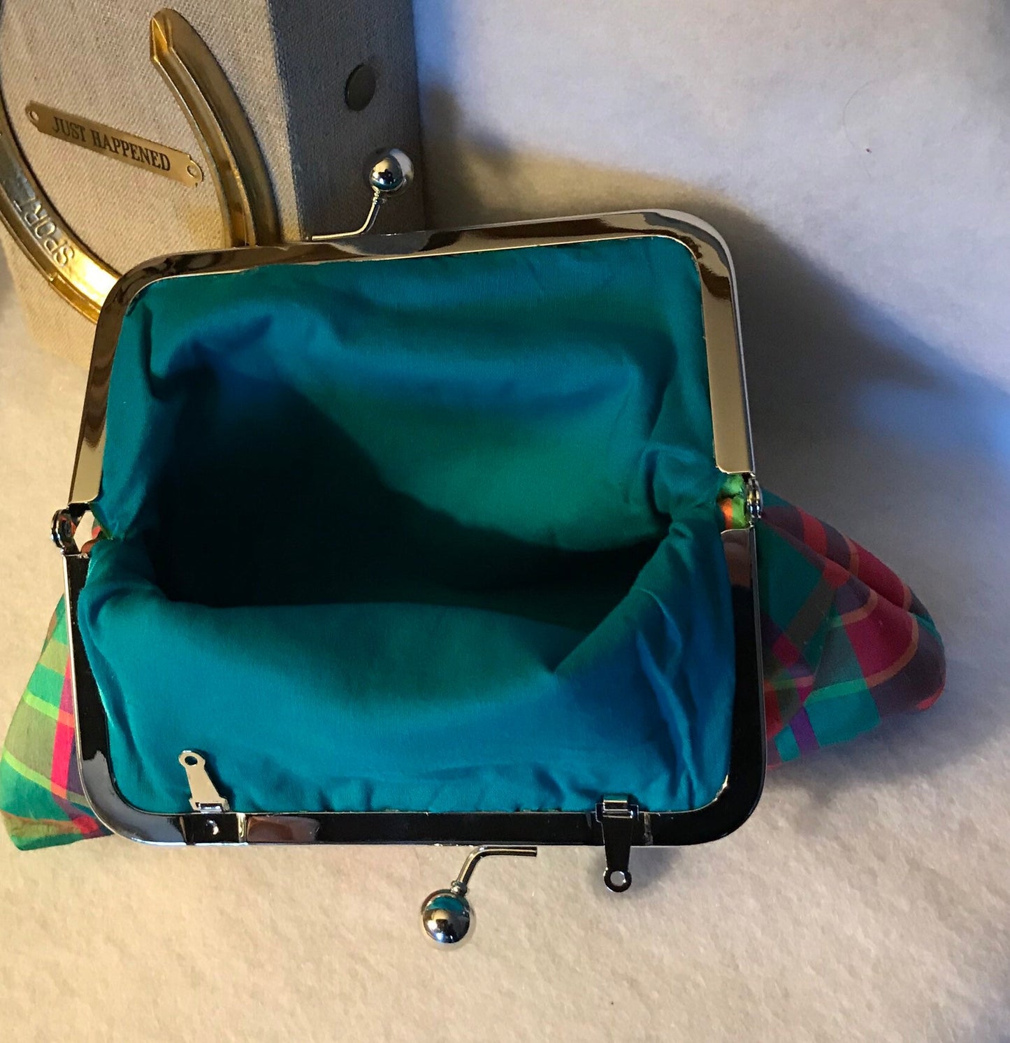 Plaid Purse Handbag Clutch Turquoise Blues  Silk