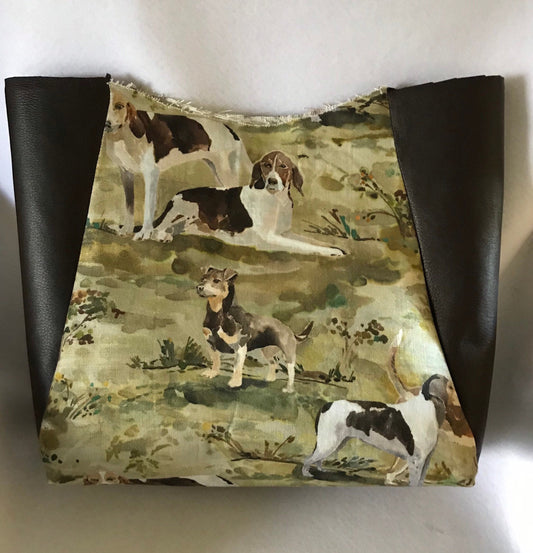 Equestrian Fox Hunt Horse  Hound Purse Dog Handbag Linen and Leather Tote Purse
