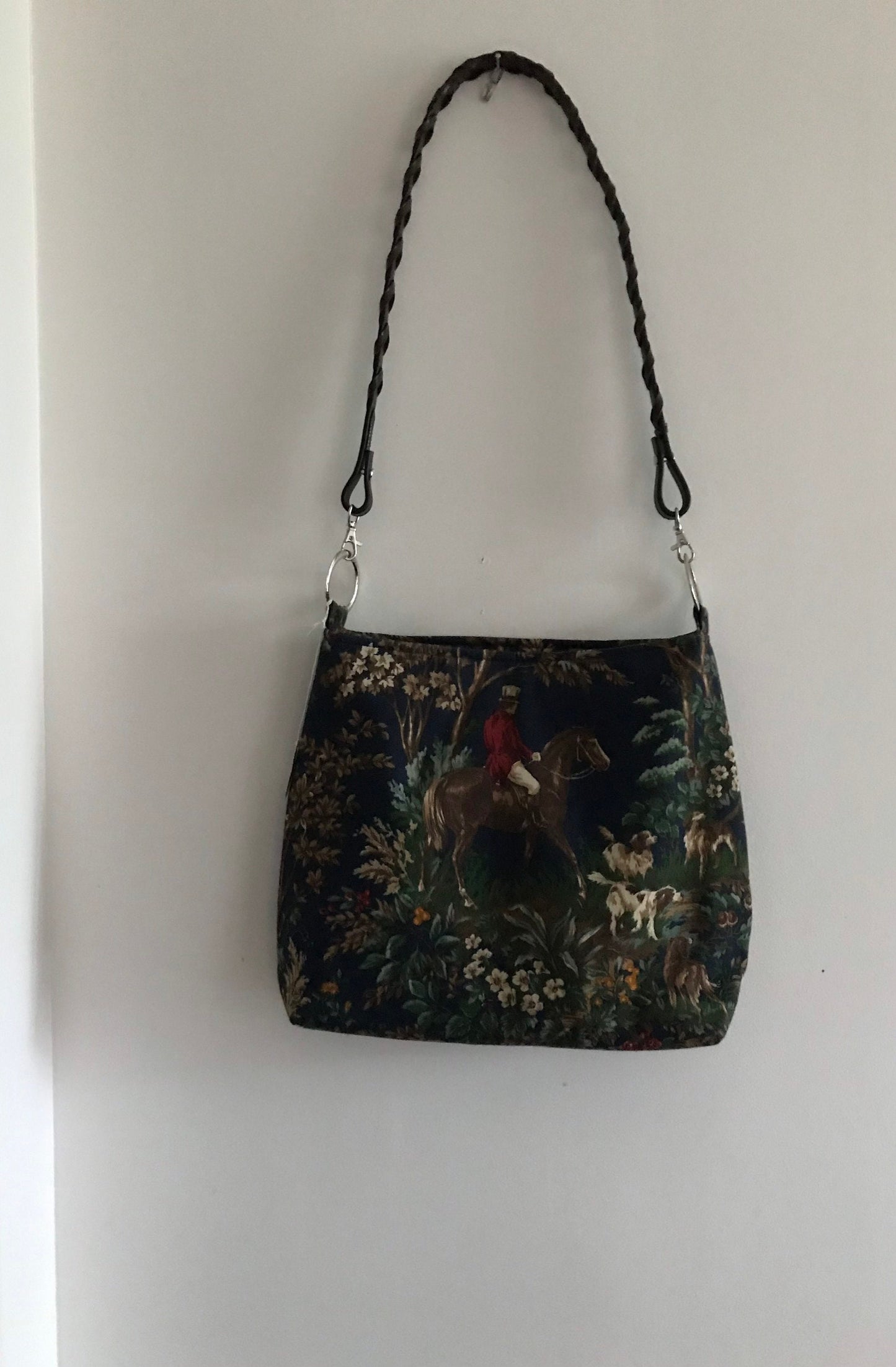 Equestrian Horse Handbag Purse Lauren fabric and laced Rein handle   Navy Blue Foxhunt Purse