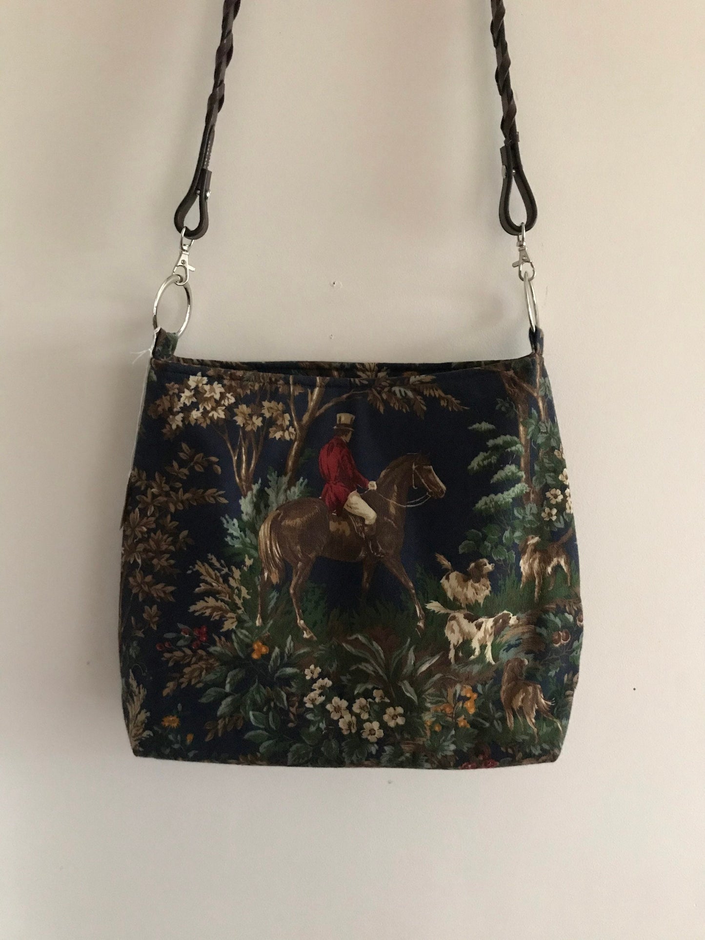 Equestrian Horse Handbag Purse Lauren fabric and laced Rein handle   Navy Blue Foxhunt Purse