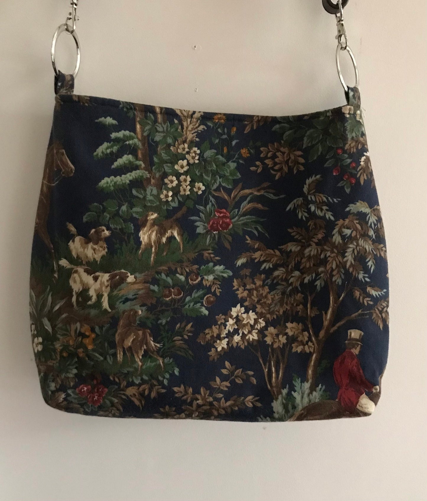Equestrian Horse Handbag Purse Lauren fabric and laced Rein handle   Navy Blue Foxhunt Purse