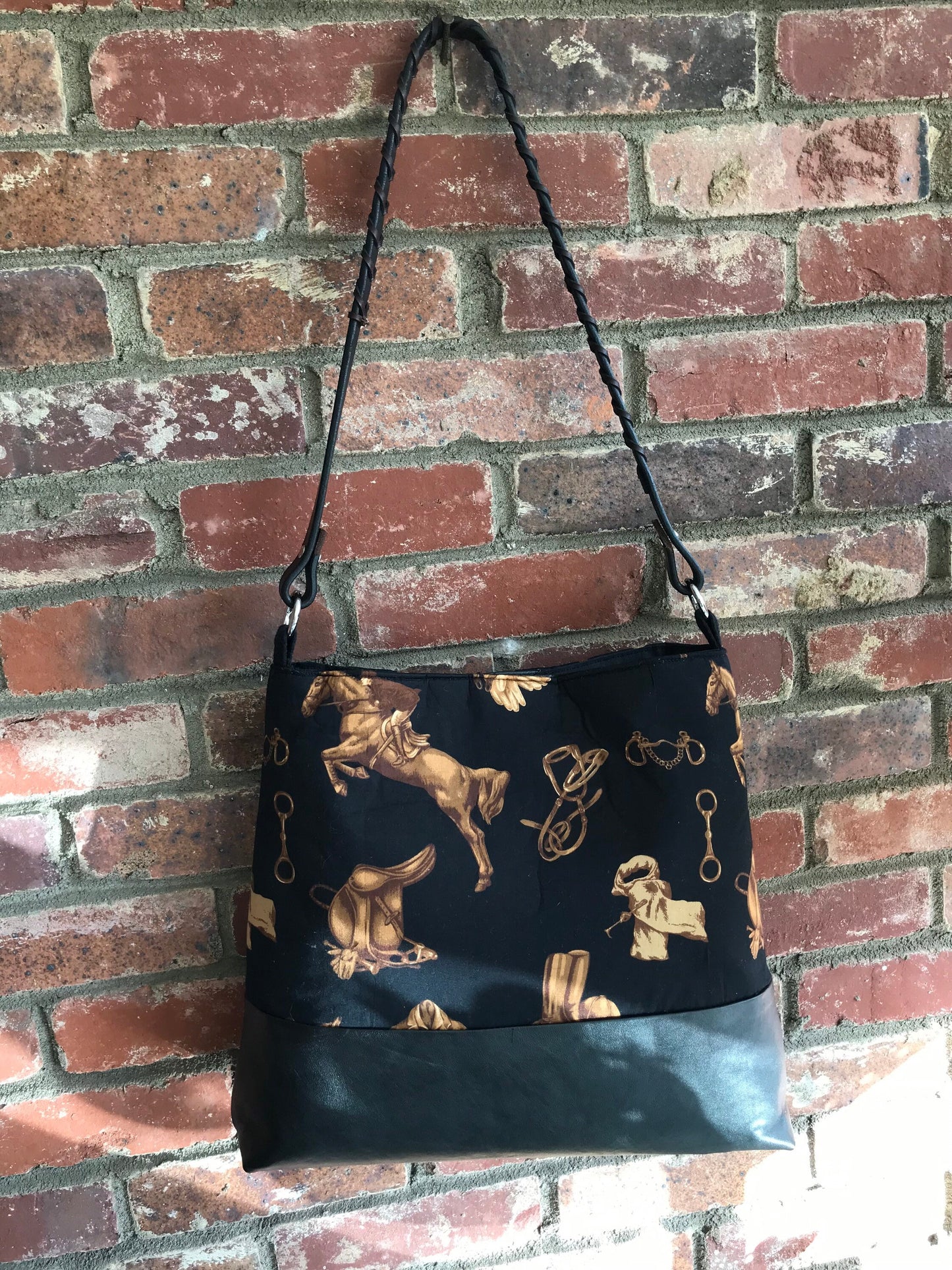 Leather Equestrian Horse  Handbag  Tote Purse and Lauren Fabric