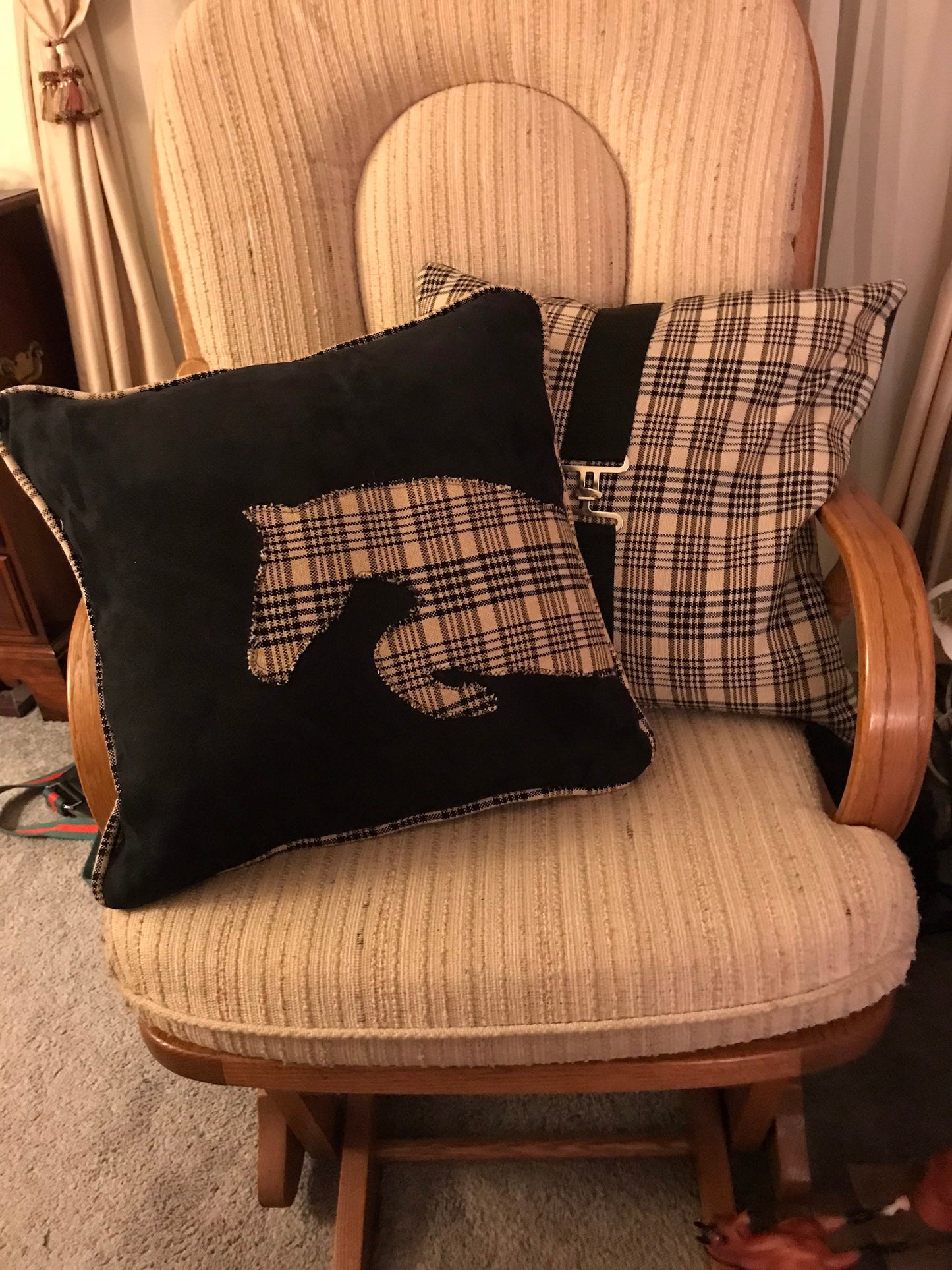 Equestrian Horse Pillow Gifts w/ Horse Silhouette  Authentic Black and Tan Horseblanket.
