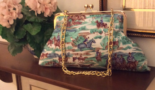 Equestrian Purse Horse Handbag Clutch Blue and Green Fox Hunt